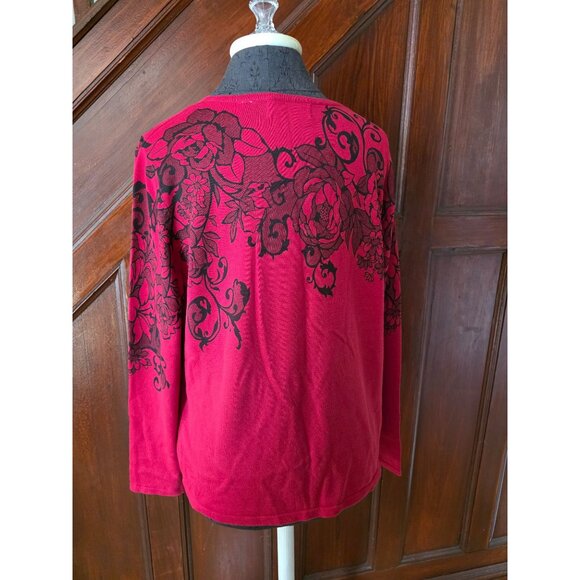 Alfred Dunner Red Floral Embellished Rhinestone Sweater Top M  Long Sleeve - Picture 2 of 7